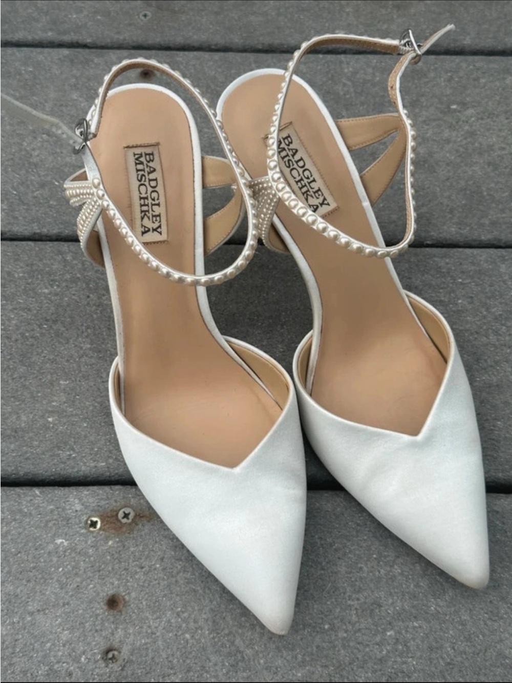 Badgley Mischka Ivory Satin Pointed-Toe Heels with Pearl Ankle Strap